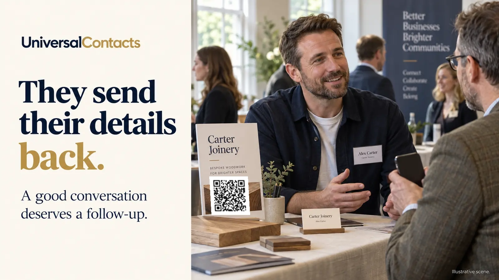 Illustrative Carter Joinery networking conversation beside the headline They send their details back.