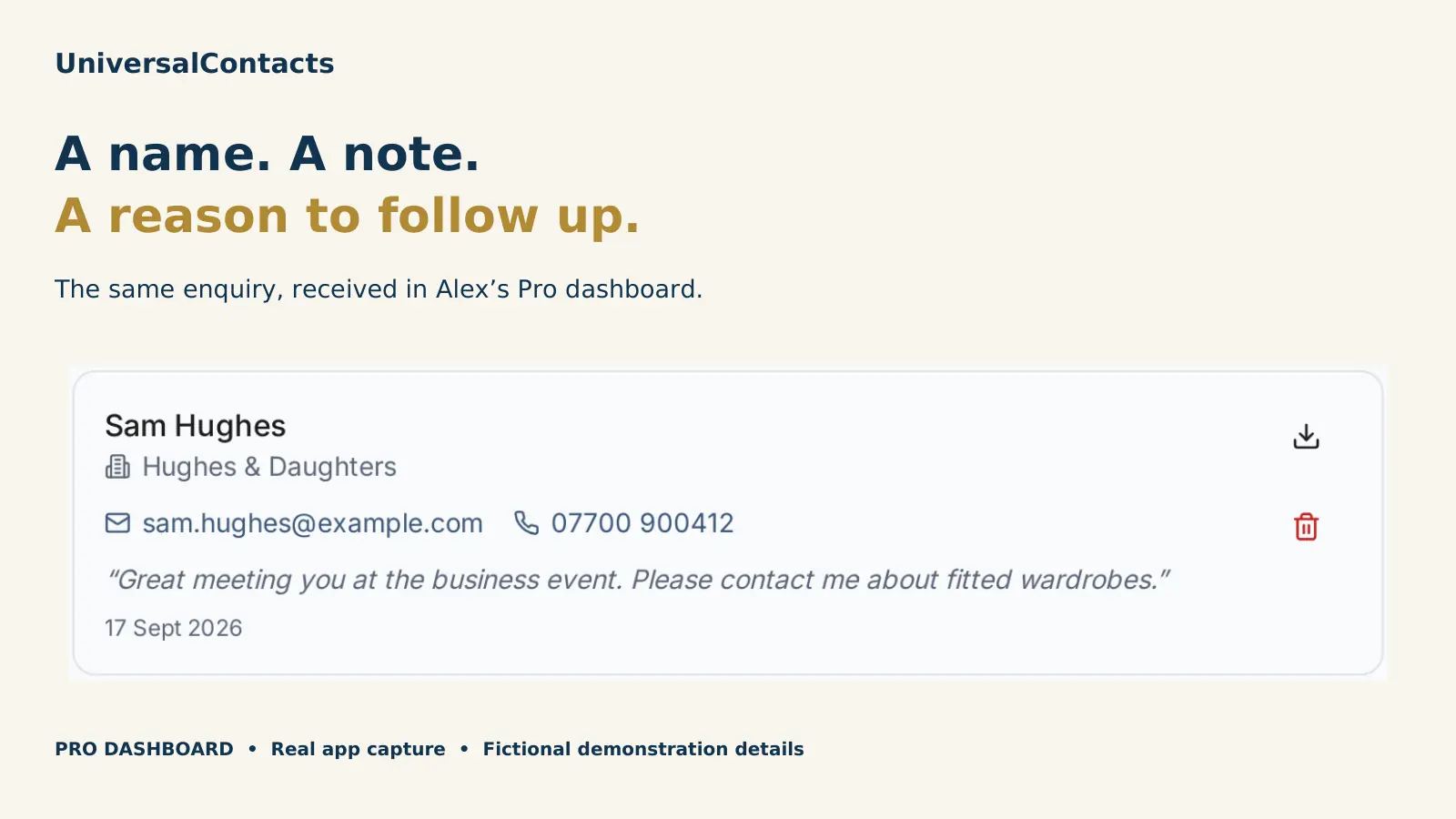 Alex Carter’s Pro dashboard shows Sam Hughes’s fictional contact details and fitted-wardrobe enquiry.
