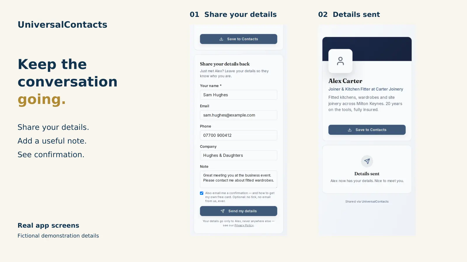 Real app captures show Sam Hughes completing the contact-back form and receiving confirmation from Alex Carter’s profile.