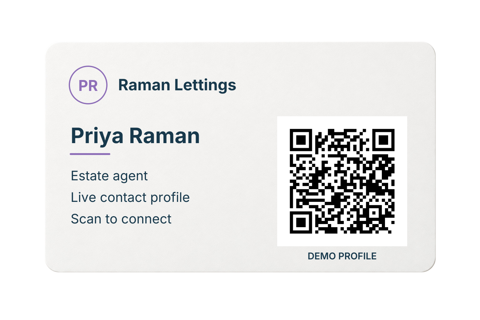 Illustrative Raman Lettings card for Priya Raman, with a QR code opening the matching live demo profile.