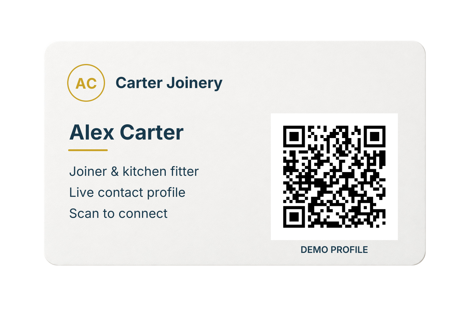 Illustrative Carter Joinery card for Alex Carter, with a QR code opening the matching live demo profile.