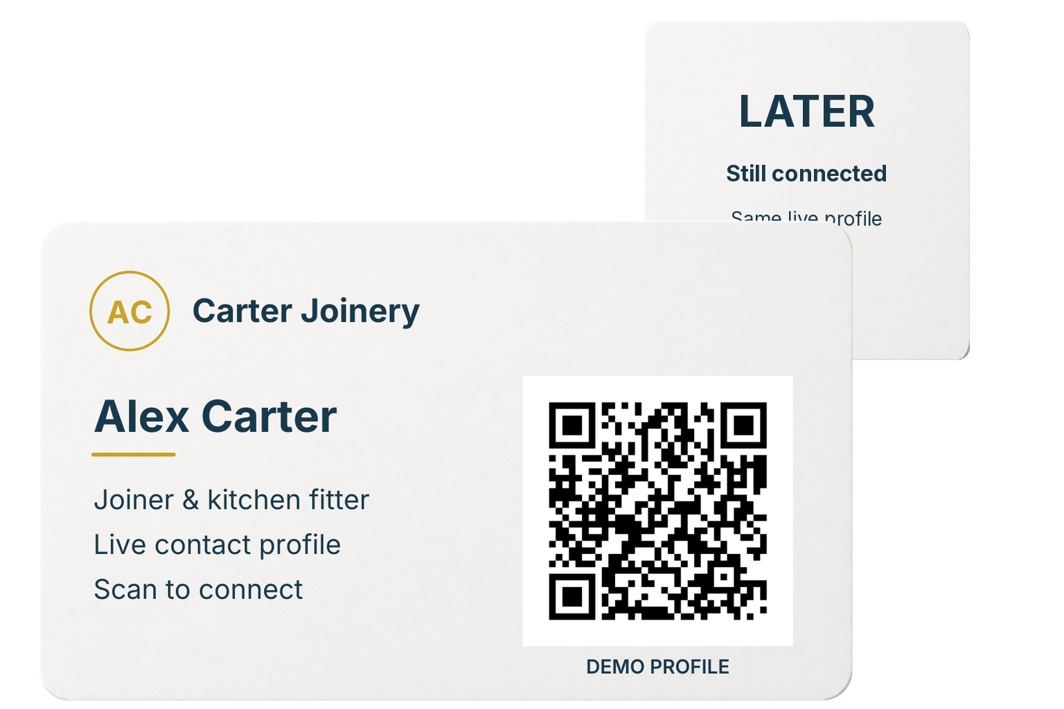 Alex Carter's card and working QR with a floating "Later, still connected" motif. Only UniversalContacts' own continuing profile is shown; no competitor is depicted.