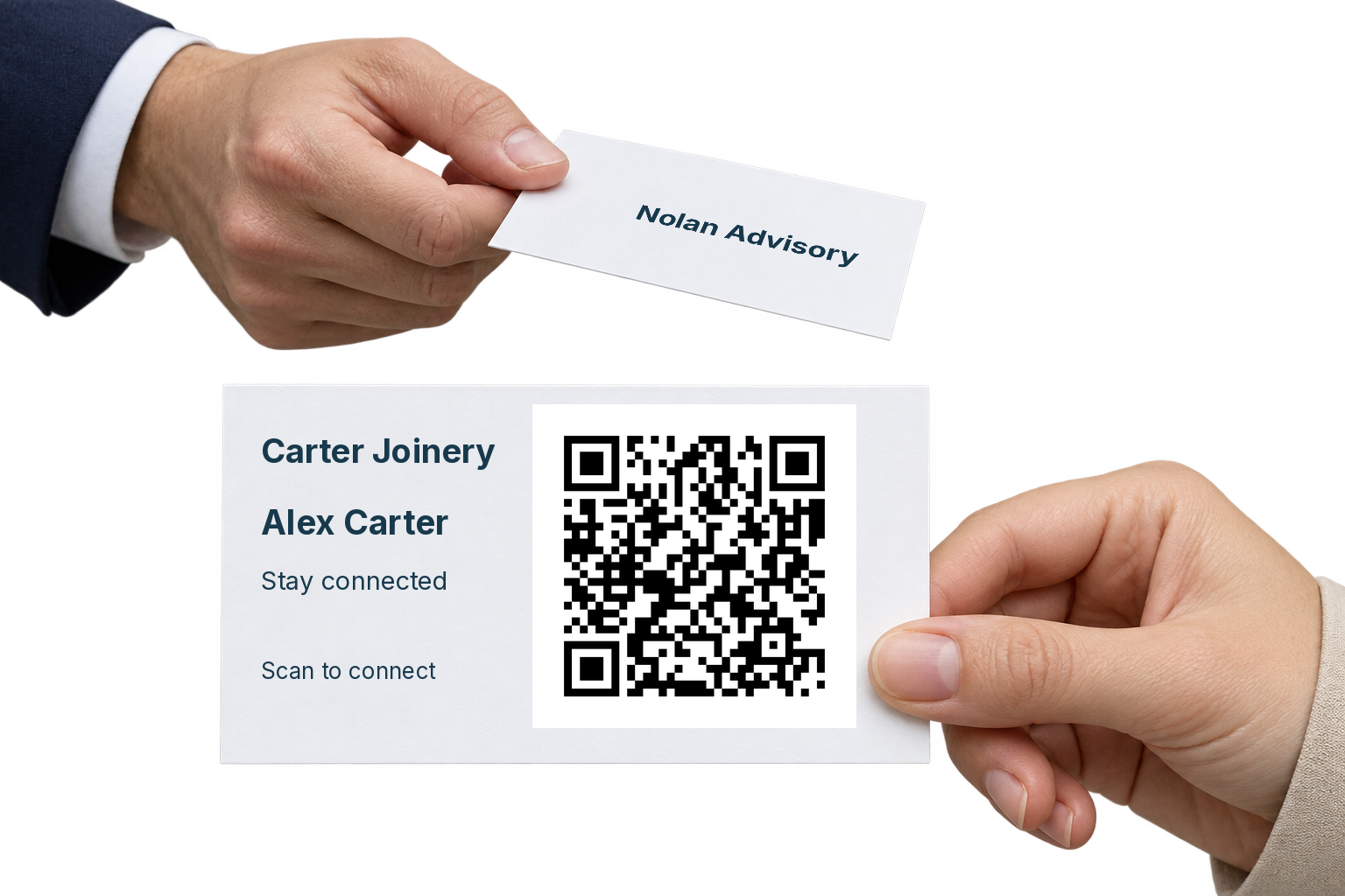 Illustrated hands exchanging cards in opposite directions, with Alex Carter's working demo QR on the foreground card and Nolan Advisory on the reverse of the returning card.