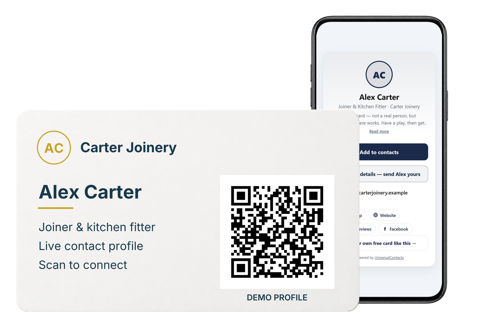 Alex Carter's Carter Joinery card beside a phone displaying his supplied live demo profile.
