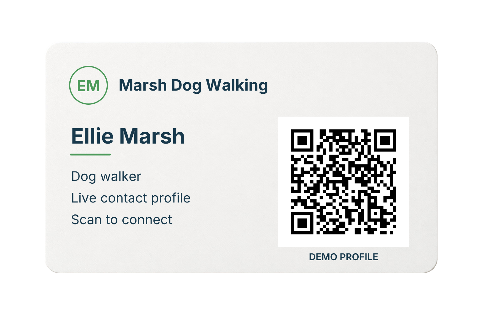 Illustrative Marsh Dog Walking card for Ellie Marsh, with a QR code opening the matching live demo profile.
