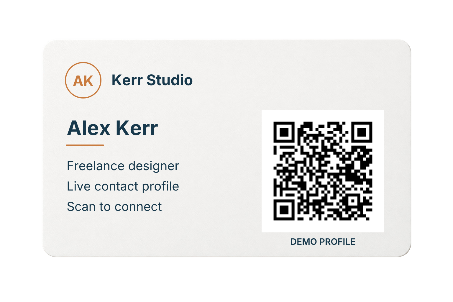 Illustrative Kerr Studio card for Alex Kerr, with a QR code opening the matching live demo profile.