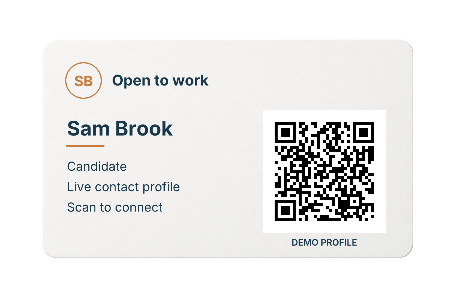 Illustrative Open to work card for Sam Brook, with a QR code opening the matching live demo profile.