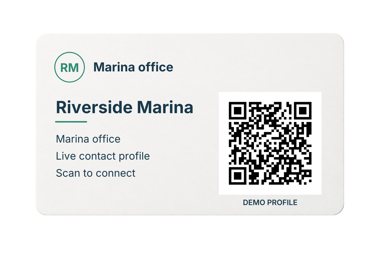 Illustrative Marina office card for Riverside Marina, with a QR code opening the matching live demo profile.