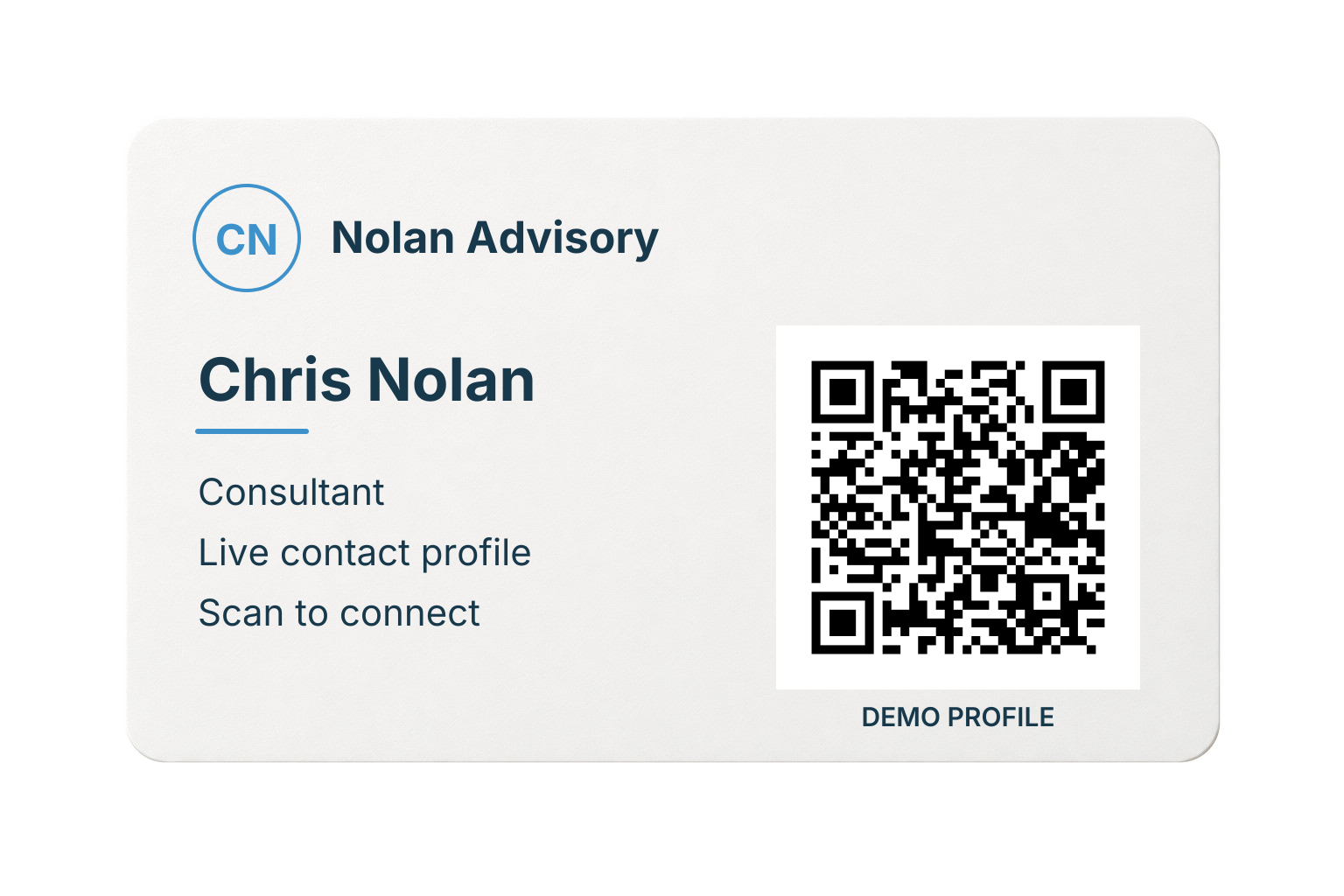 Illustrative Nolan Advisory card for Chris Nolan, with a QR code opening the matching live demo profile.