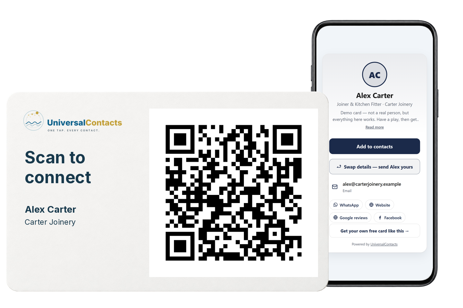 A large working QR on Alex Carter's card beside a phone showing his Carter Joinery profile after scanning.