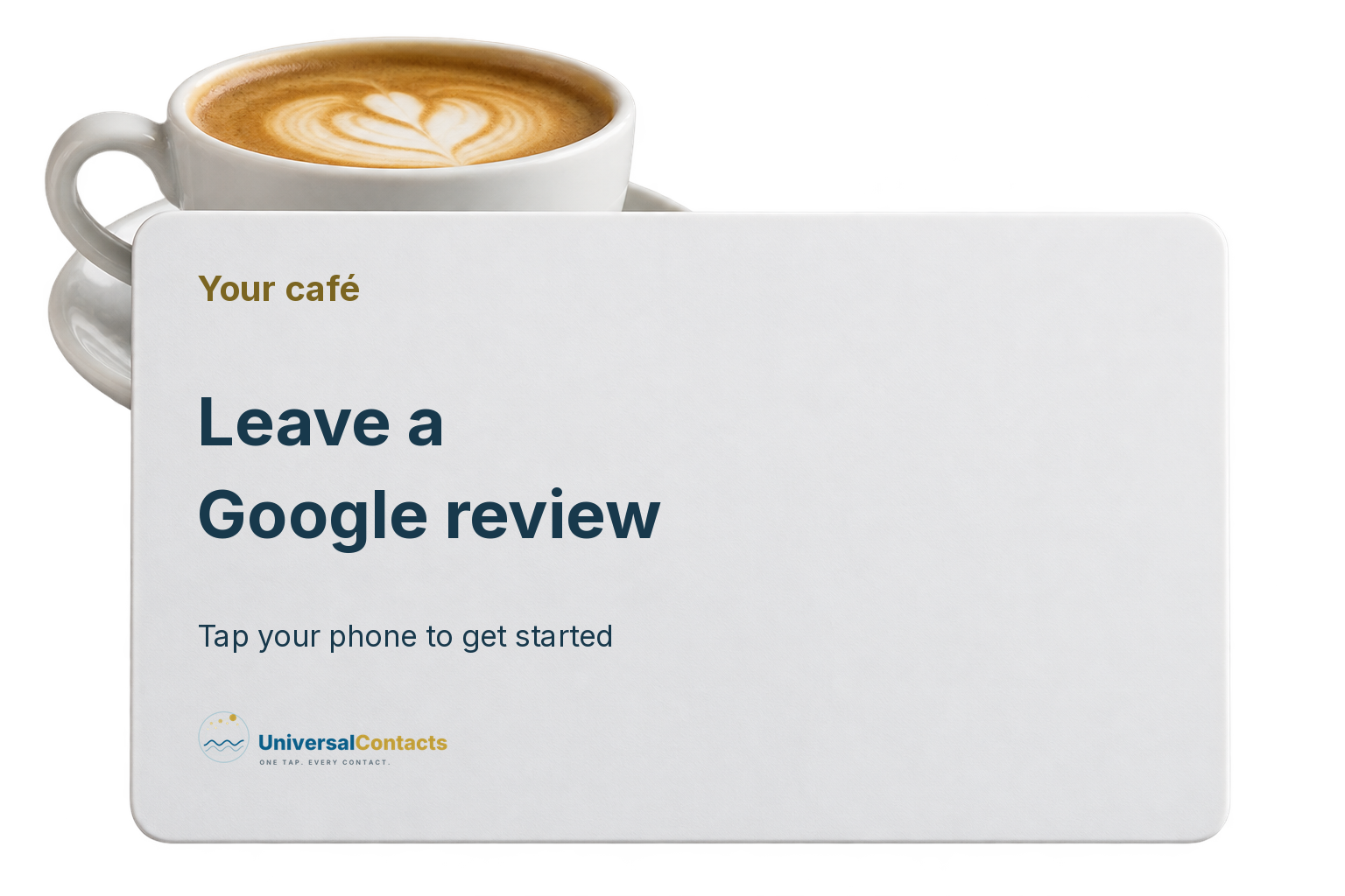 Illustrated cafe review card inviting customers to leave a Google review, with a coffee cup.