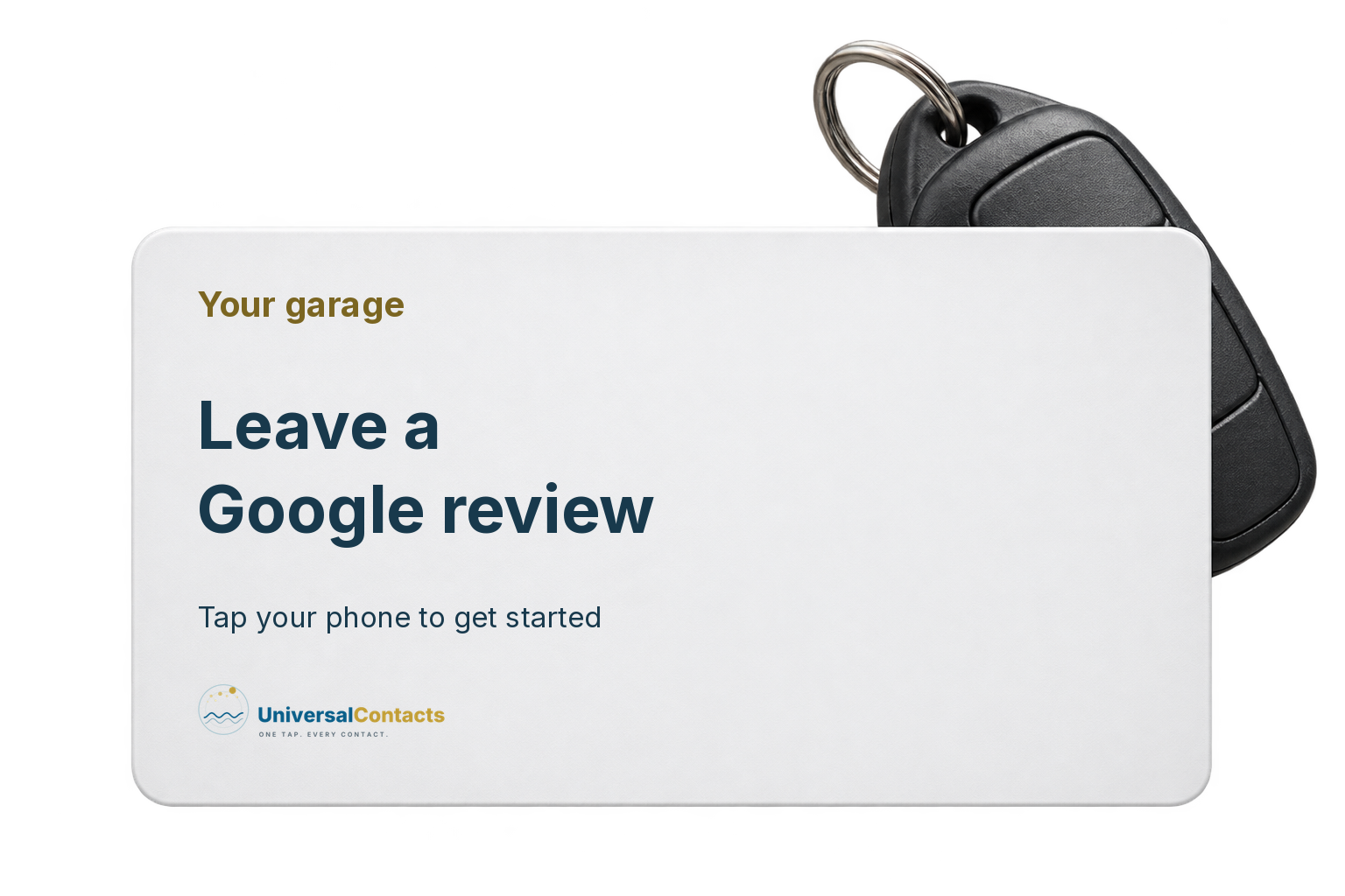 Illustrated garage review card inviting customers to leave a Google review, with car keys.