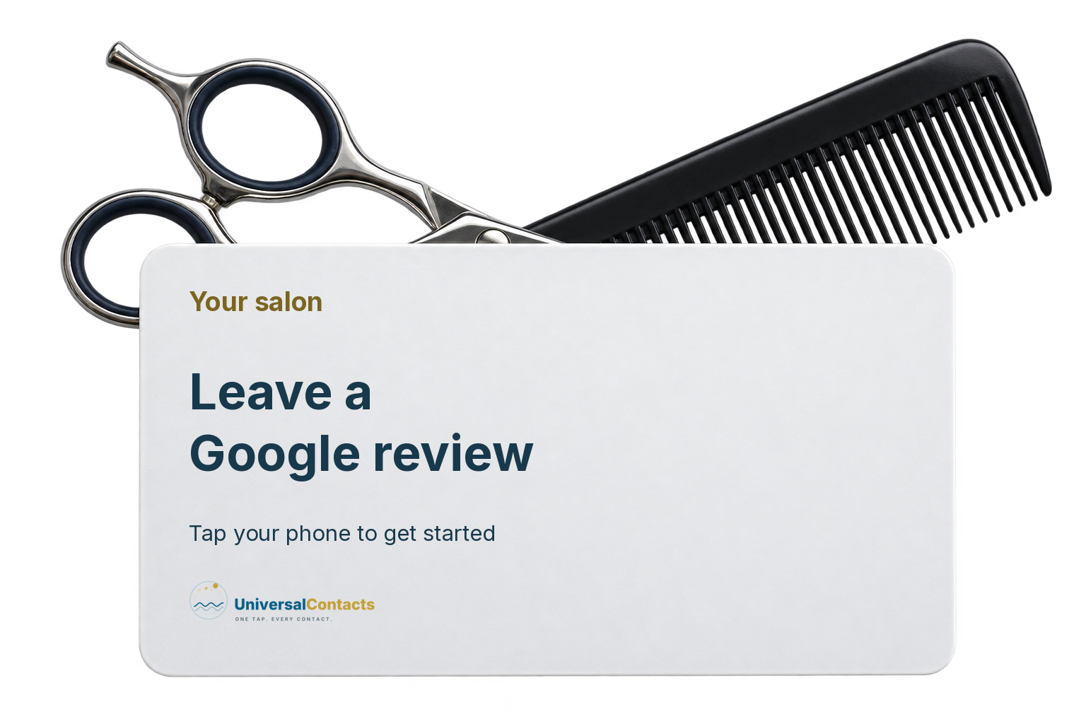 Illustrated salon review card inviting customers to leave a Google review, with a comb and scissors.