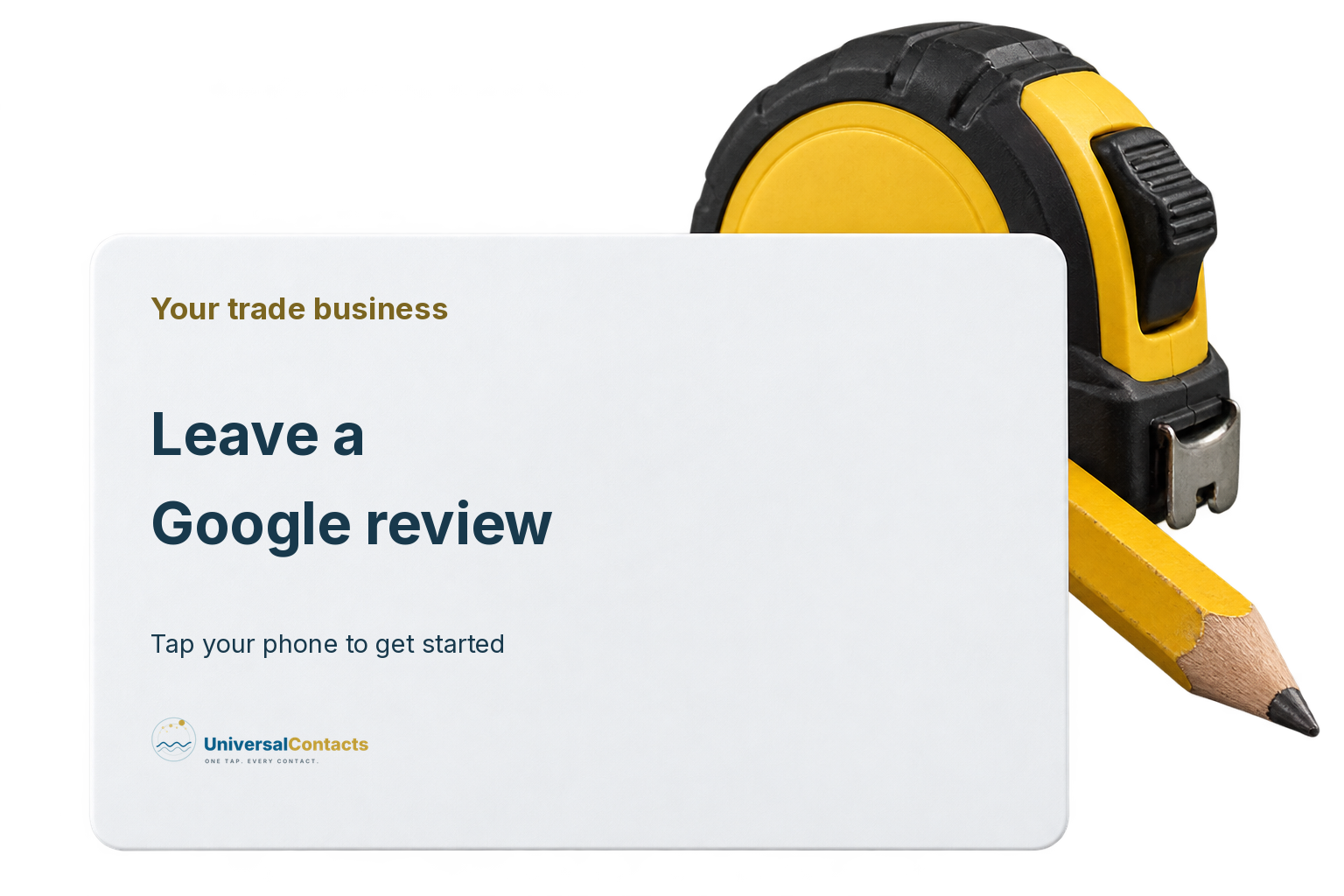 Illustrated trade-business review card inviting customers to leave a Google review, with a tape measure and pencil.
