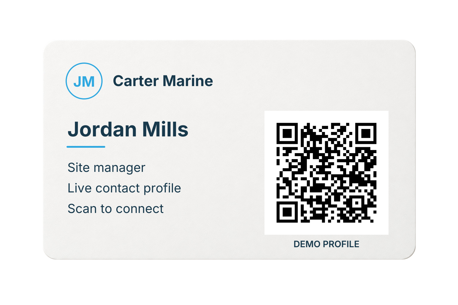 Illustrative Carter Marine card for Jordan Mills, with a QR code opening the matching live demo profile.