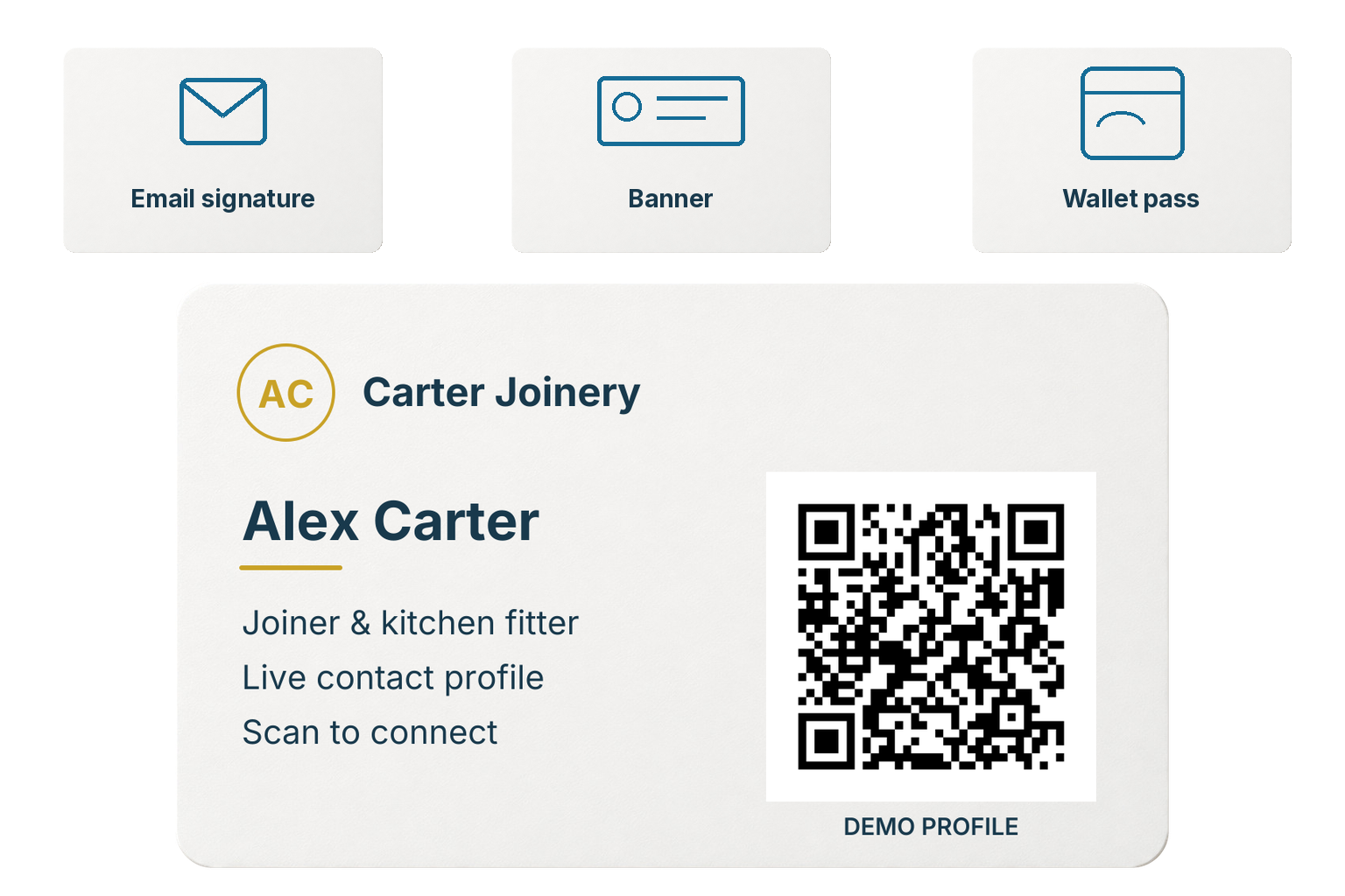 Alex Carter's working demo card surrounded by illustrative symbols for an email signature, banner and wallet pass.
