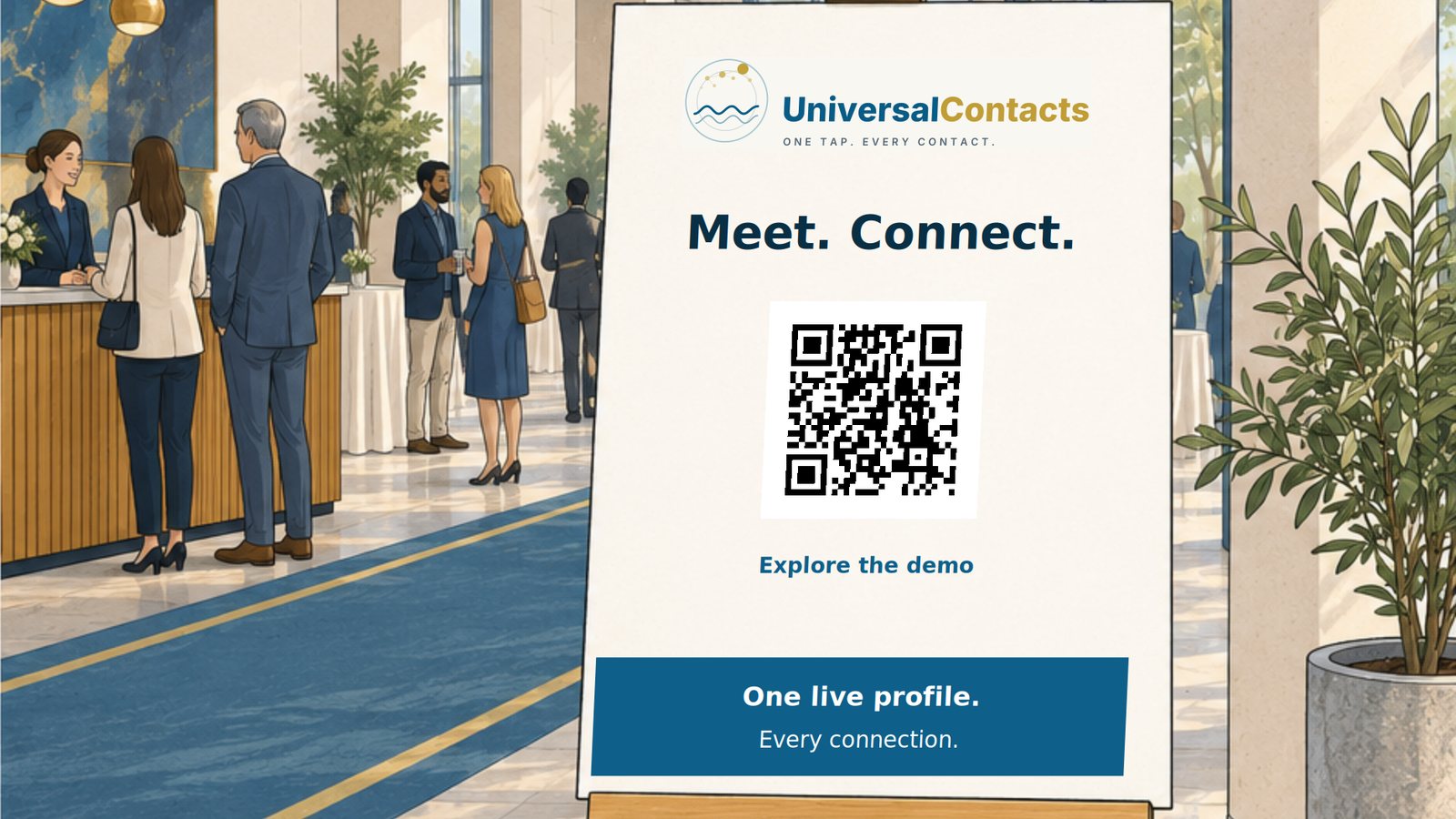 A display board on an easel at an event entrance, its touchpoint at eye level.