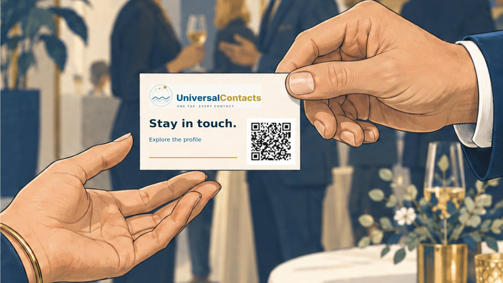 A printed UniversalContacts card being handed over at a reception, its touchpoint facing the camera.
