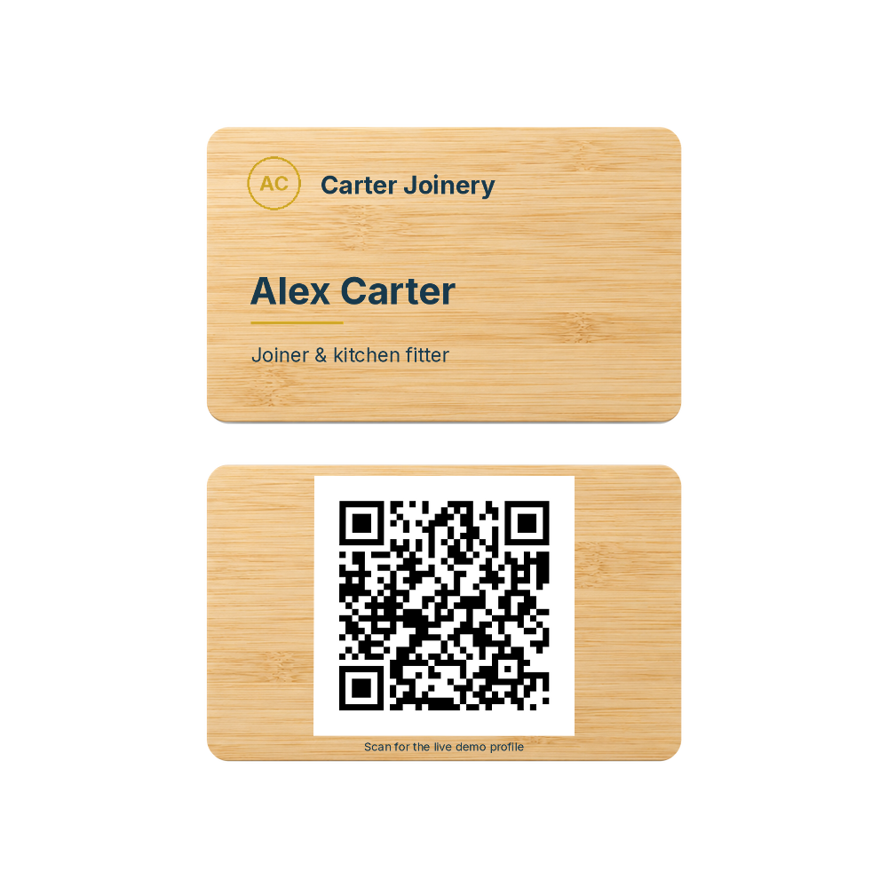 Bamboo NFC card, front and reverse. The reverse carries a working code to the example profile.