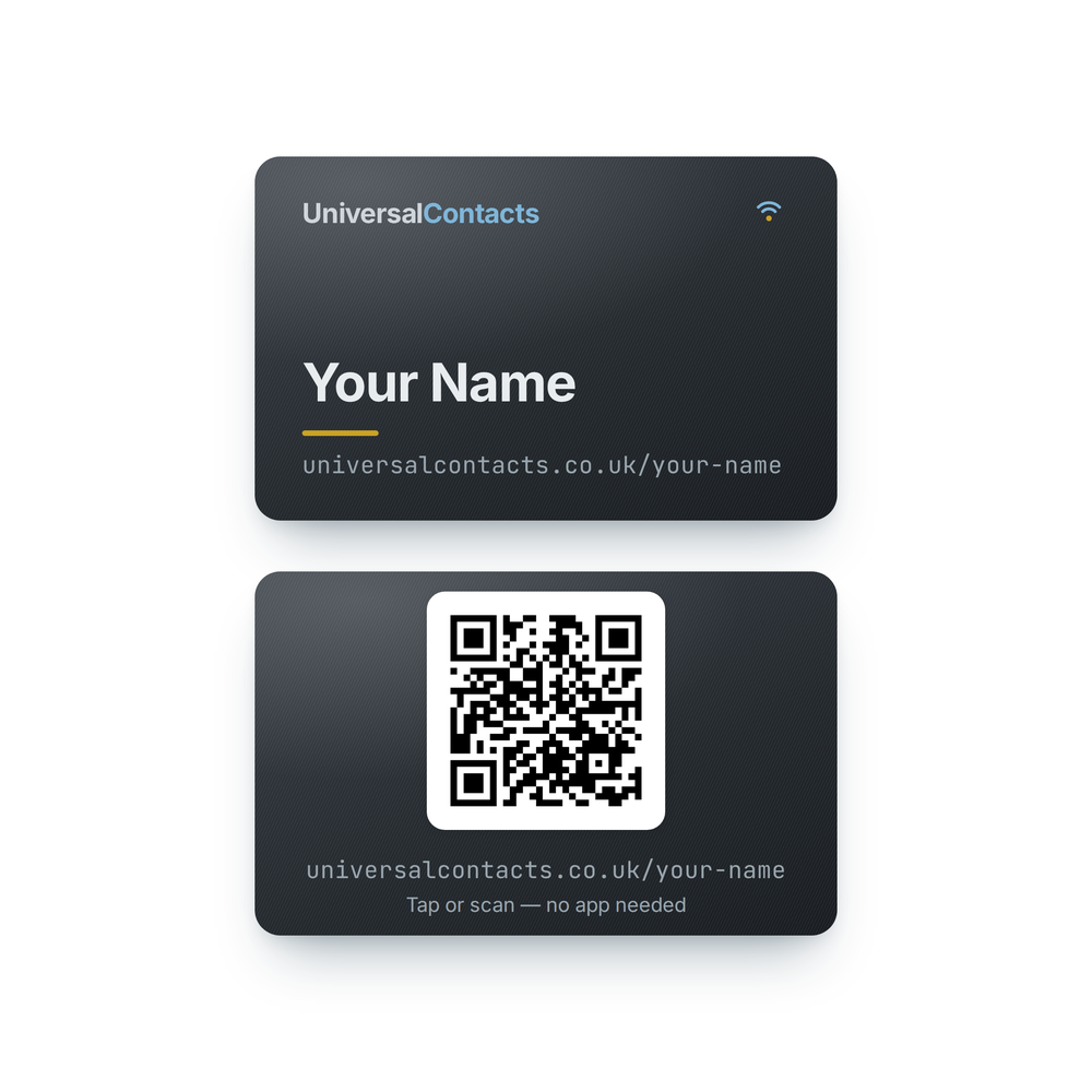 Brushed-steel metal NFC card with engraved name and QR