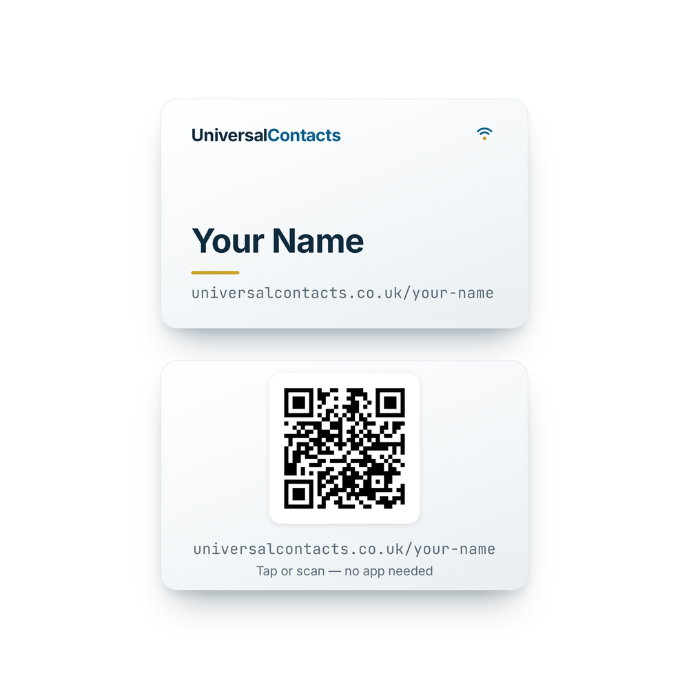 Plastic NFC business card — printed name, handle and QR