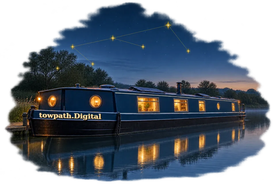 Illustration of the towpath.Digital widebeam on still water at dusk, with warm windows and a gold constellation above.