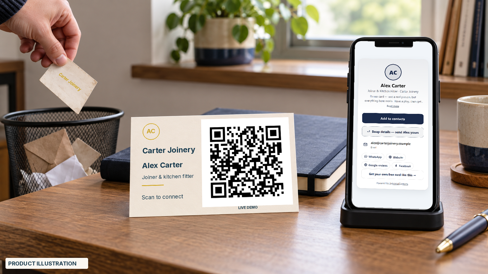 A paper business card is lowered into a bin beside a Carter Joinery tap card and a phone showing Alex Carter's live contact profile.