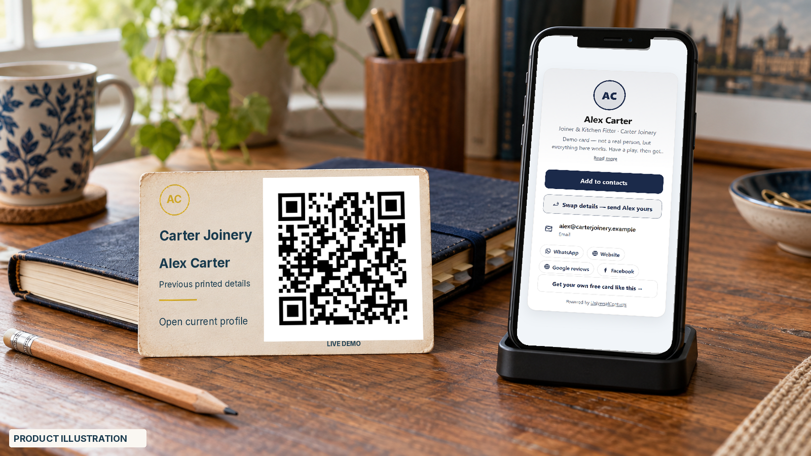 A worn Carter Joinery card marked 'Previous printed details' beside a phone showing Alex Carter's current contact profile; the card's QR opens the matching demo.