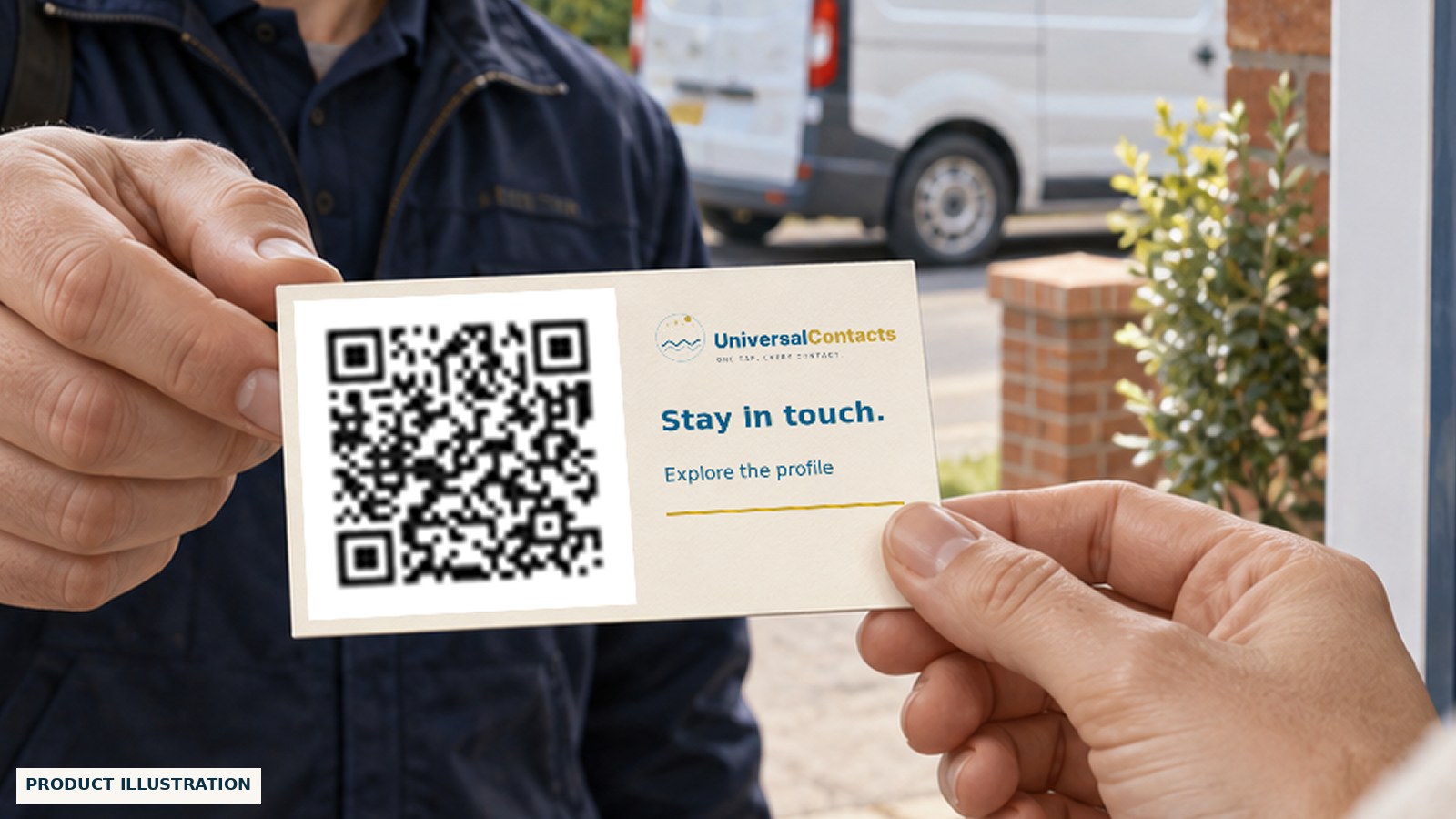 A tradesperson hands a UniversalContacts card to a customer at their door, the printed code facing the camera.