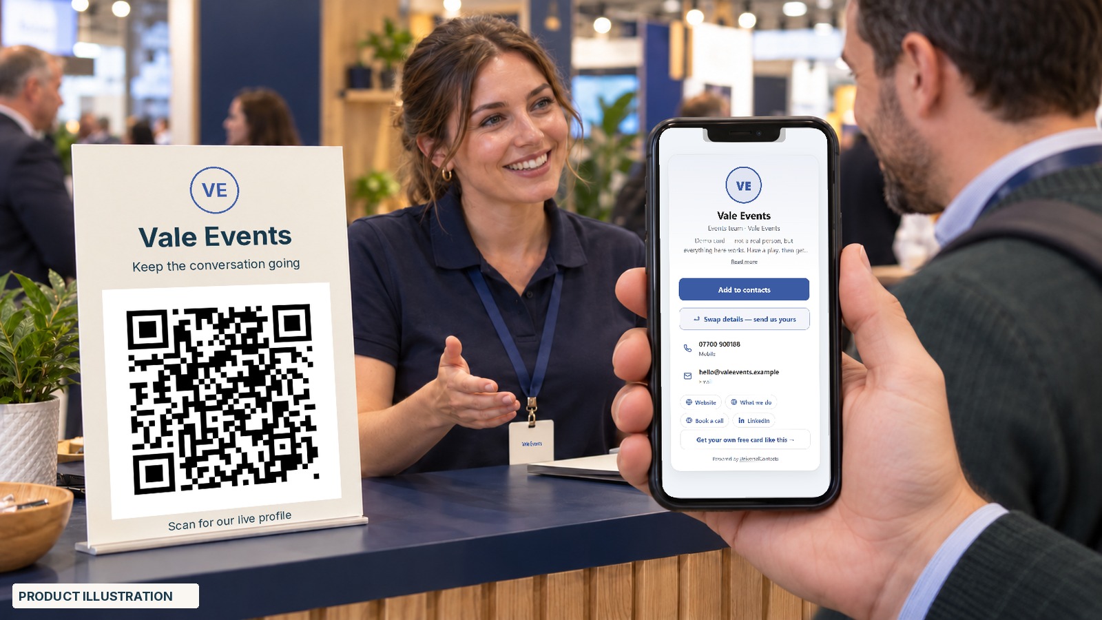 A trade-show stand with a counter card and staff badge; a visitor's phone shows the exhibitor's live team profile after scanning the stand.