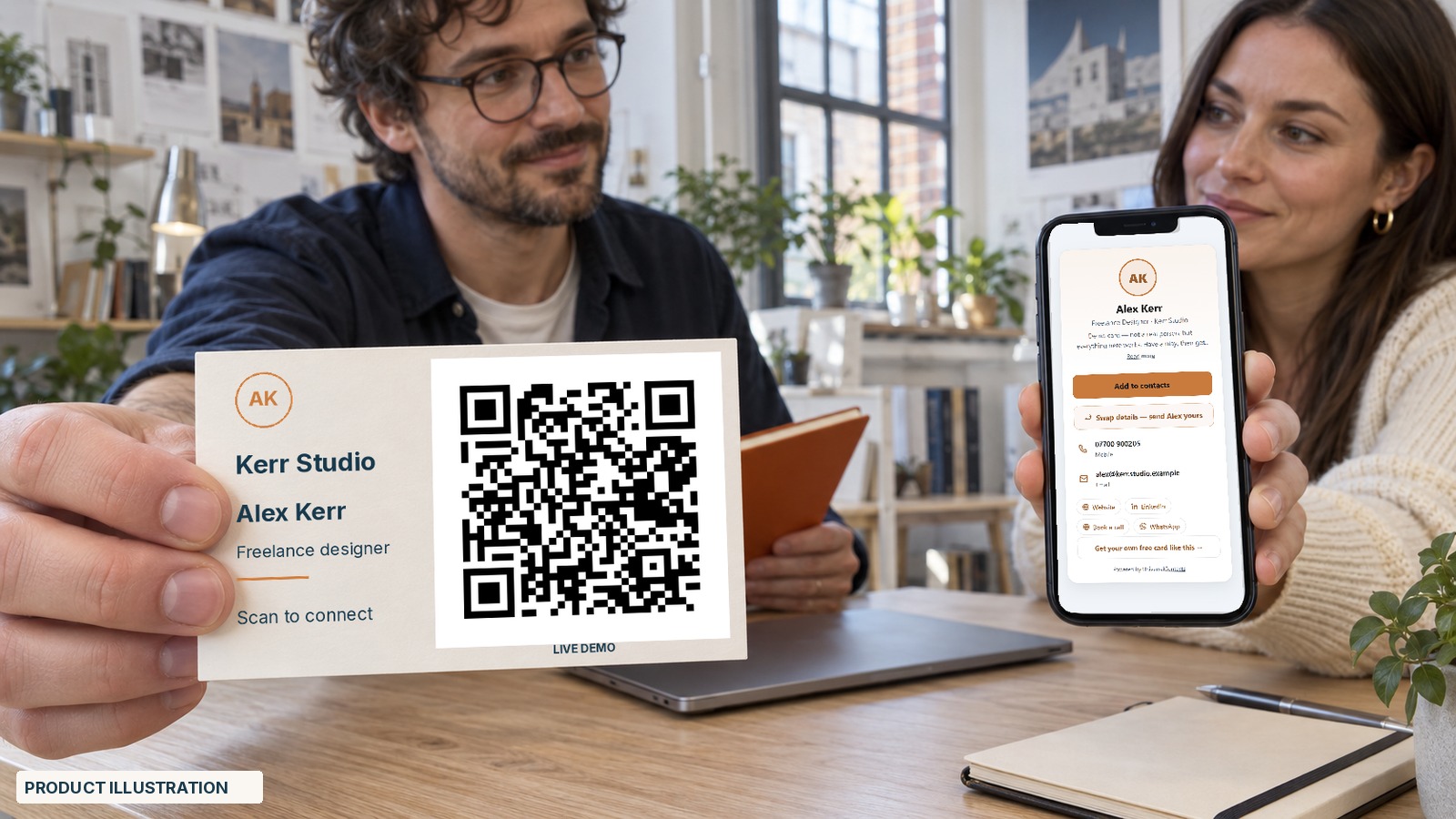 A freelance designer shares a Kerr Studio card at a client meeting; the client's phone shows the designer's live portfolio profile.