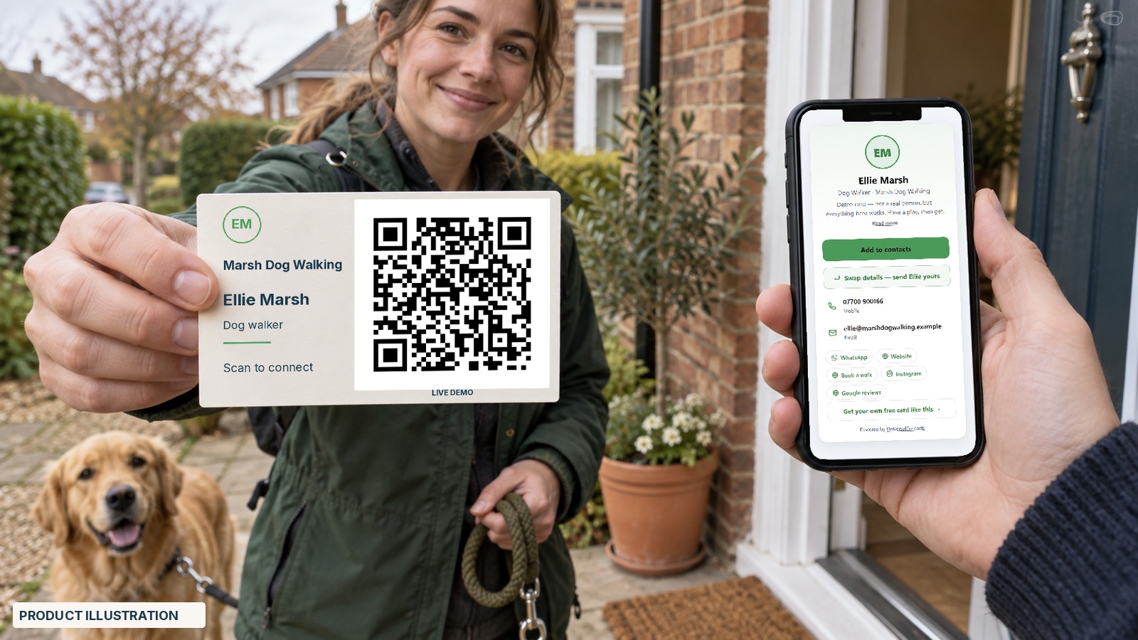 A dog walker hands a customer a card on the doorstep; the customer's phone shows the walker's live profile with a one-tap rebook link.
