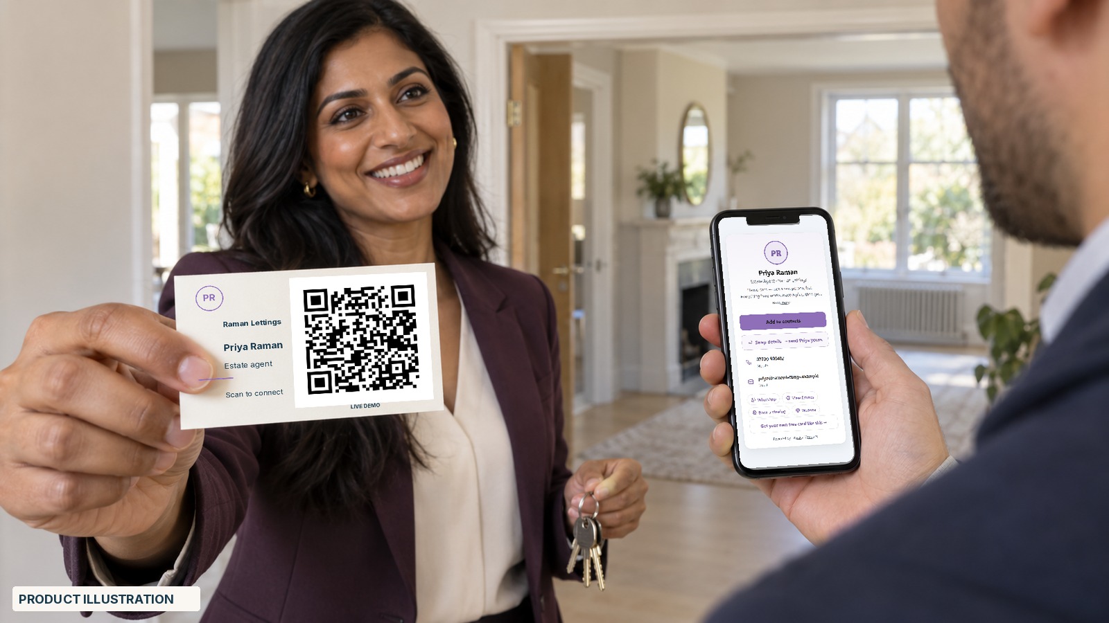 An estate agent hands a buyer a Raman Lettings card at a viewing; the buyer's phone shows the agent's live profile with 'book a viewing'.