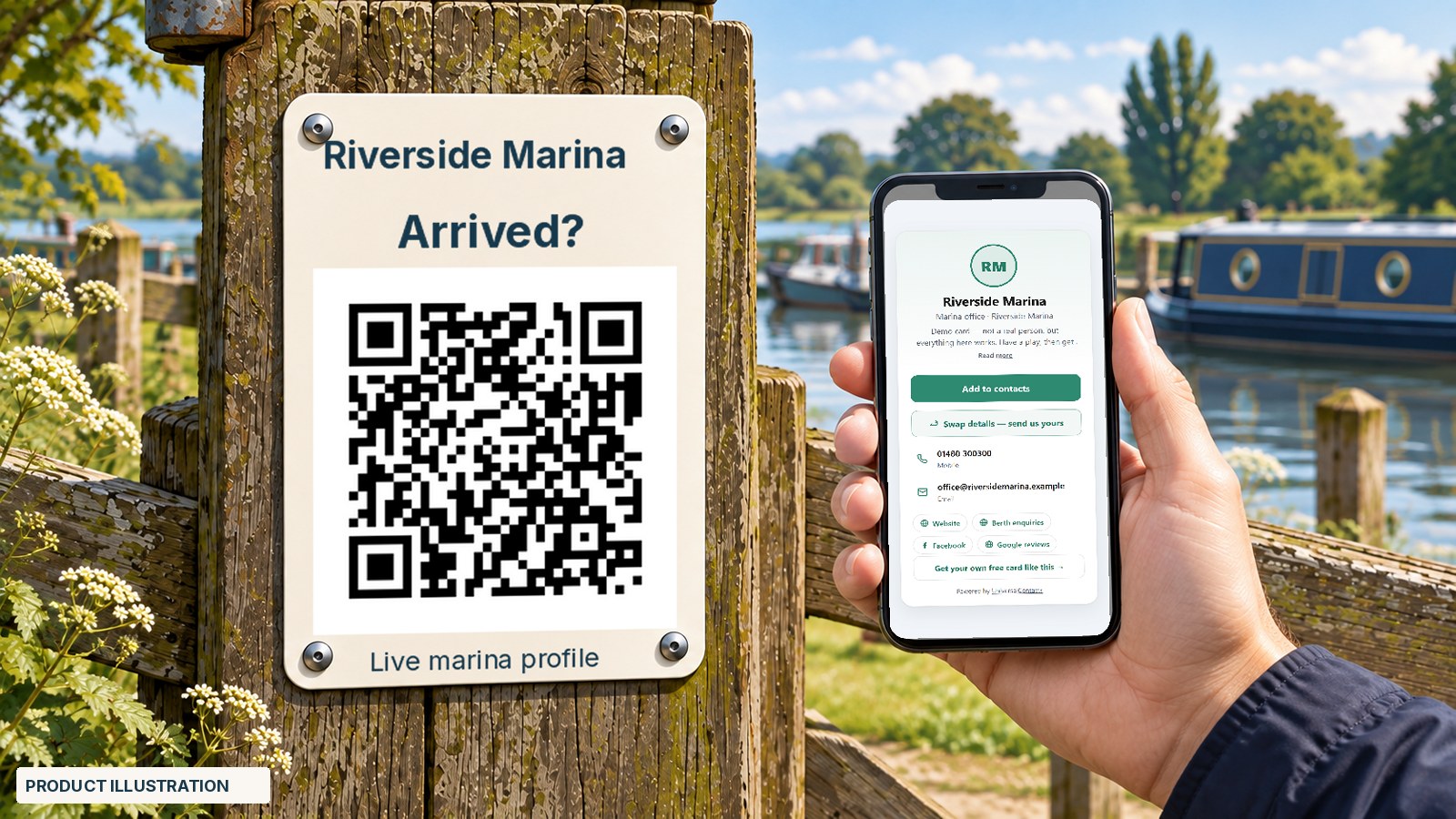 A quayside 'Arrived?' sign at Riverside Marina; a visitor's phone shows the marina's live contact card after scanning the sign's QR.