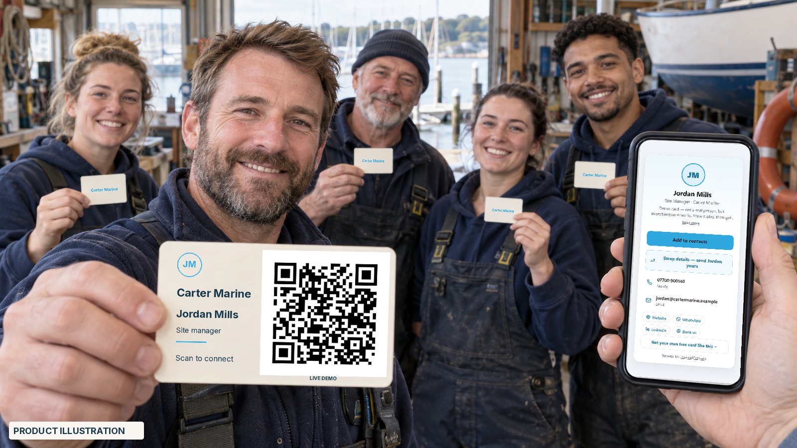 Five colleagues at Carter Marine, each with a matching team card; one phone shows a team member's live profile opened from the card.