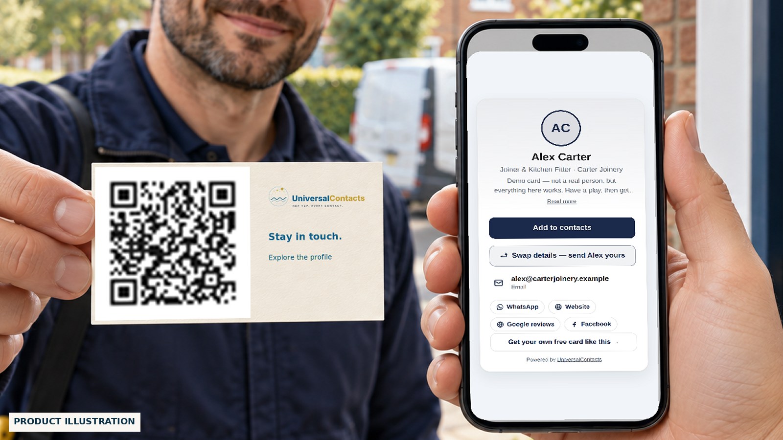 Product illustration of a tradesperson sharing a card at a doorway, alongside a phone showing the real Alex Carter demo profile.