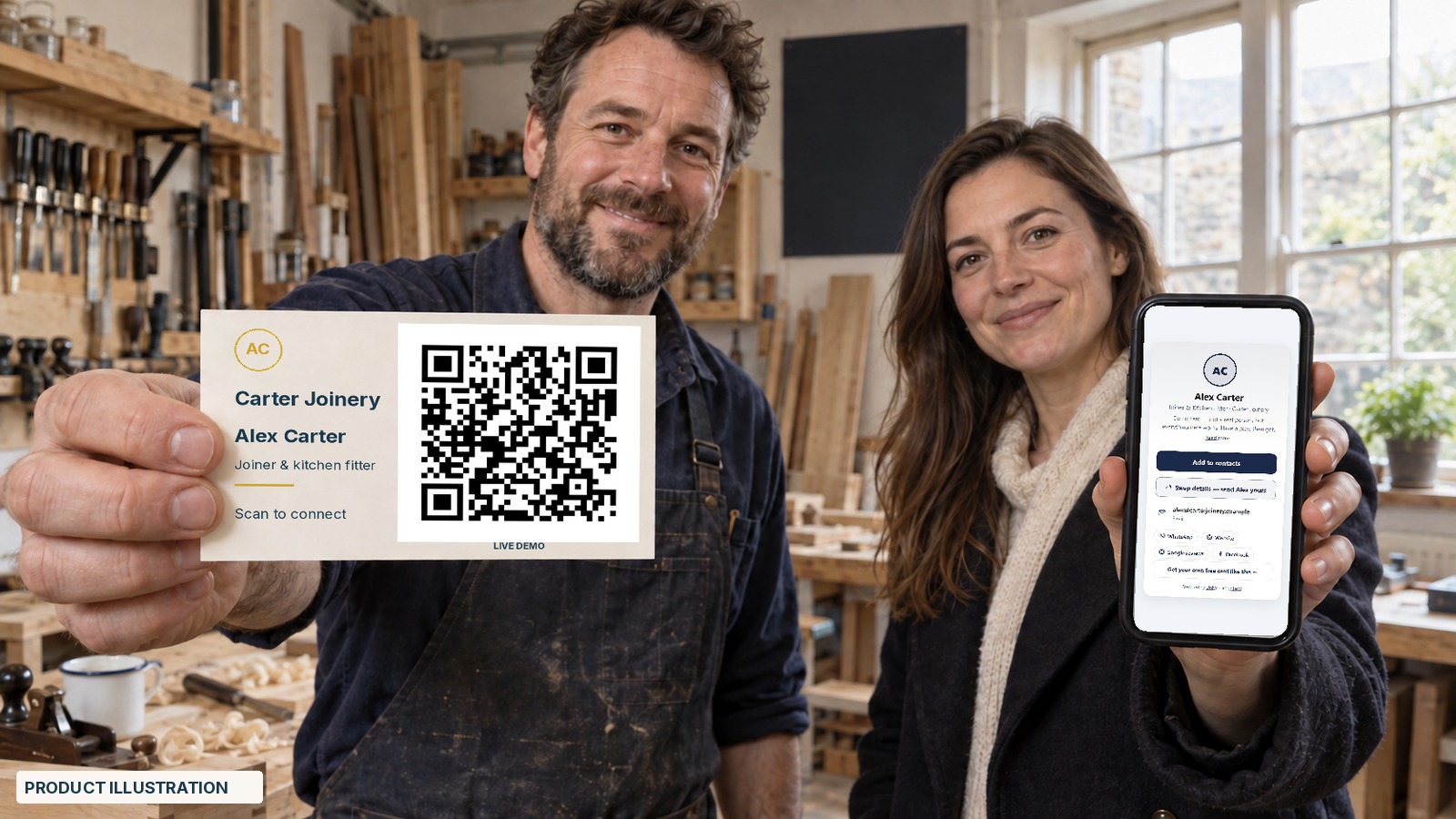 A UK small-business owner shares a contact card; the recipient's phone shows the owner's live profile opened from the card.