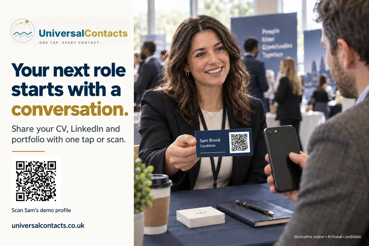 An illustrative fictional candidate, Sam Brook, meets a recruiter at a careers fair. The contact card and a large panel both carry working QR codes for Sam’s demo profile.
