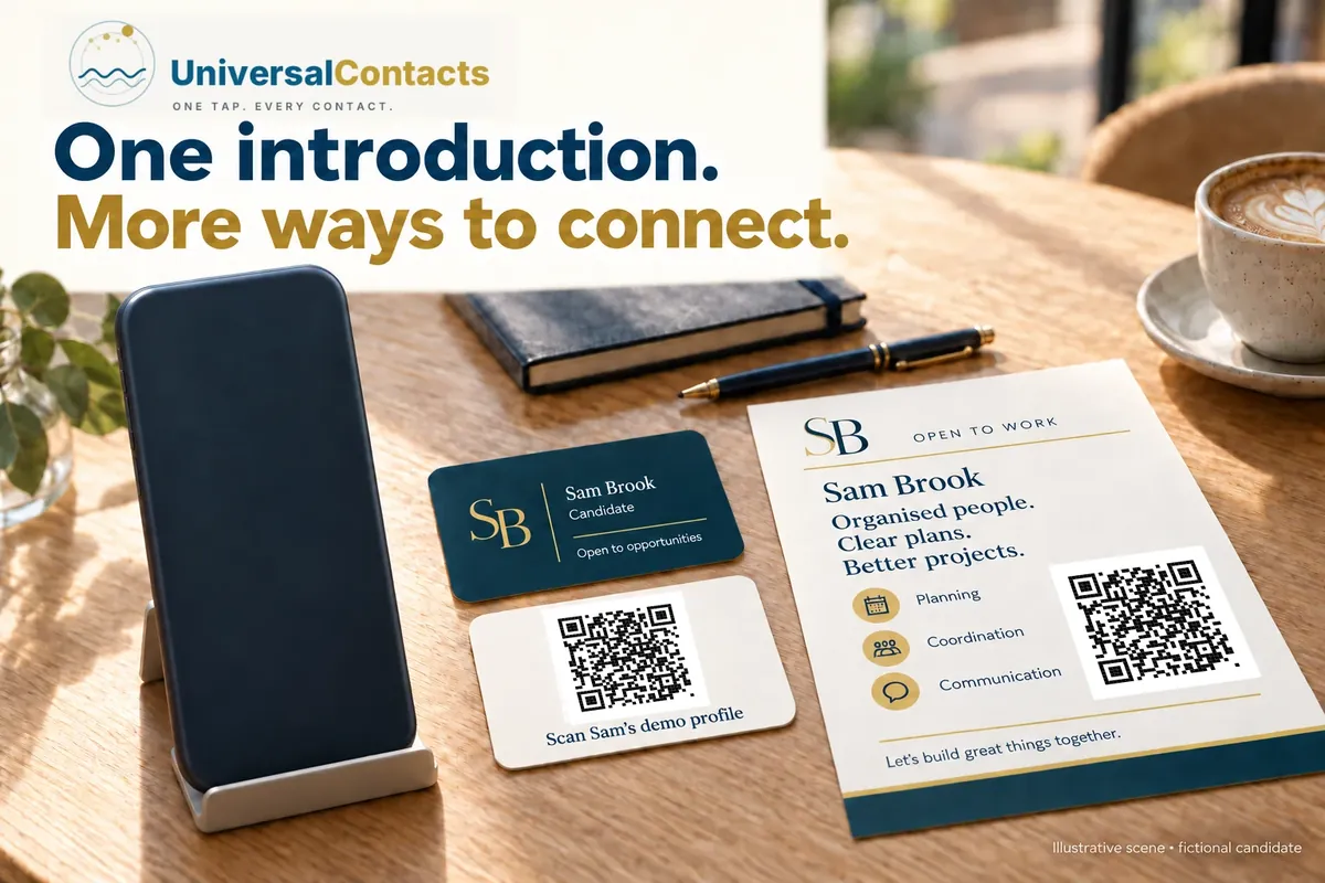 Sam Brook’s fictional job-seeker kit includes a contact card and CV, each with a working QR code to the seeded job-seeker demo.