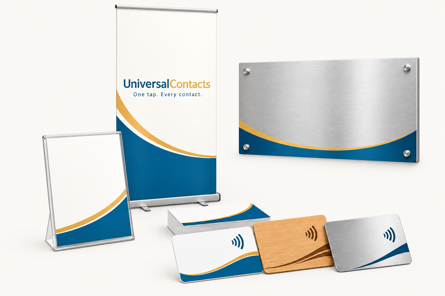 Illustrated UniversalContacts range with plastic, bamboo and metal NFC cards, printed cards, a counter stand, roll-up banner and metal sign.