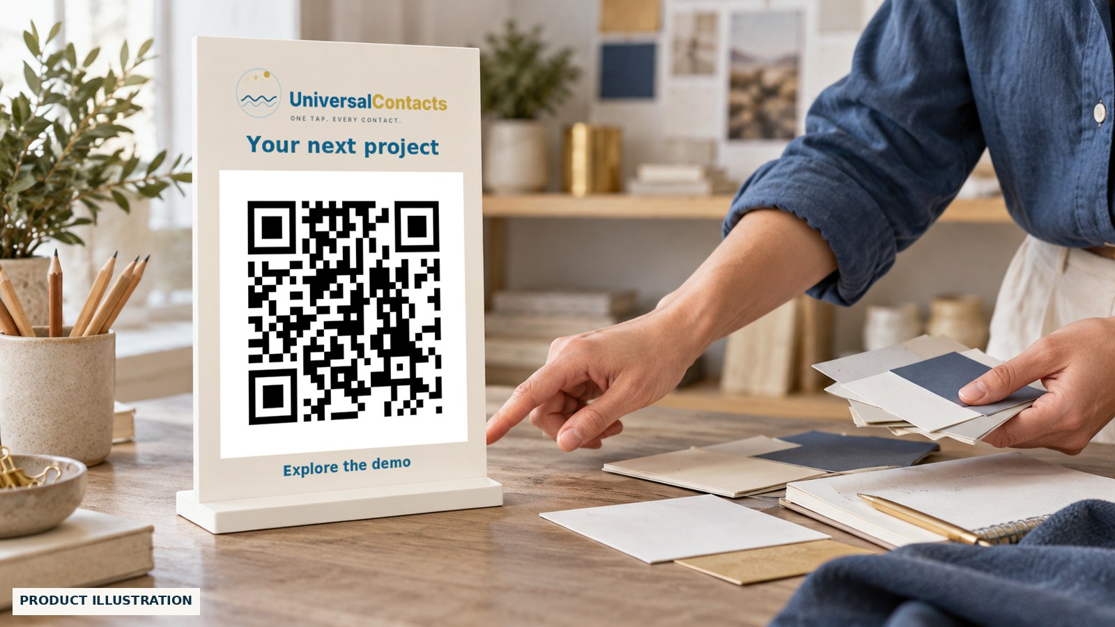 Product illustration of planning a printed counter display, with material samples and a working code that opens the live demo.