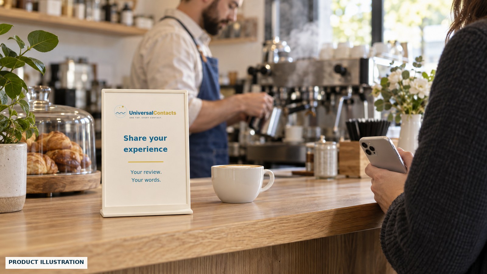 Product illustration of a neutral review invitation on a cafe counter while a barista prepares coffee and a customer waits with a phone.