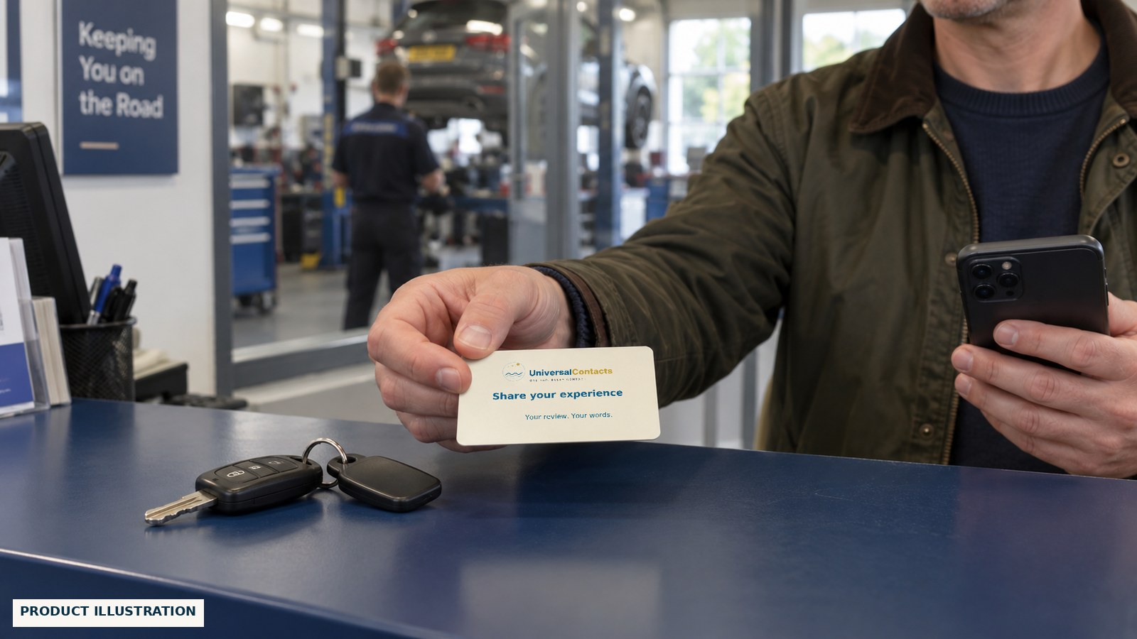 Product illustration of a customer collecting car keys and a neutral review invitation at a garage counter.