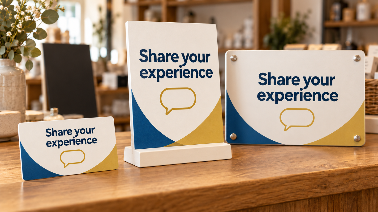 Illustrated review card, counter stand and metal sign inviting customers to share their experience at a shop counter.