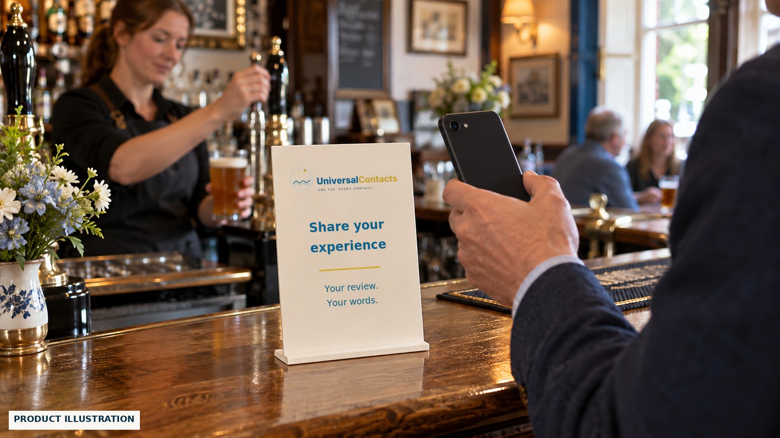 Product illustration of a neutral review invitation on a pub bar, with a customer holding a phone while waiting.