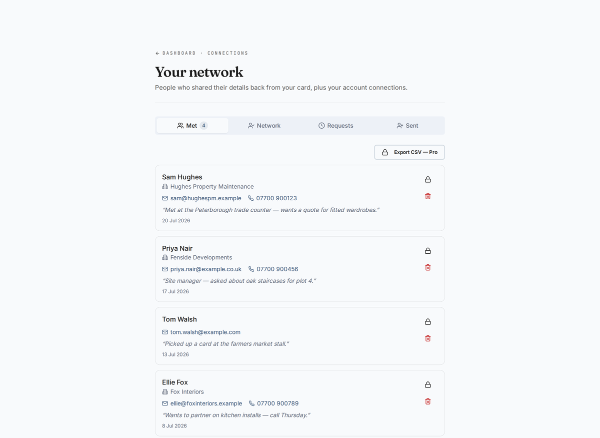 The Universal Contacts connections dashboard showing leads shared back from a card