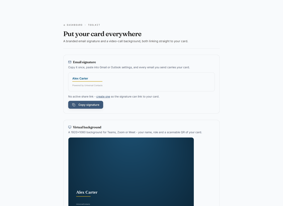 The Universal Contacts Toolkit showing the email signature, virtual background and Google Wallet pass generators