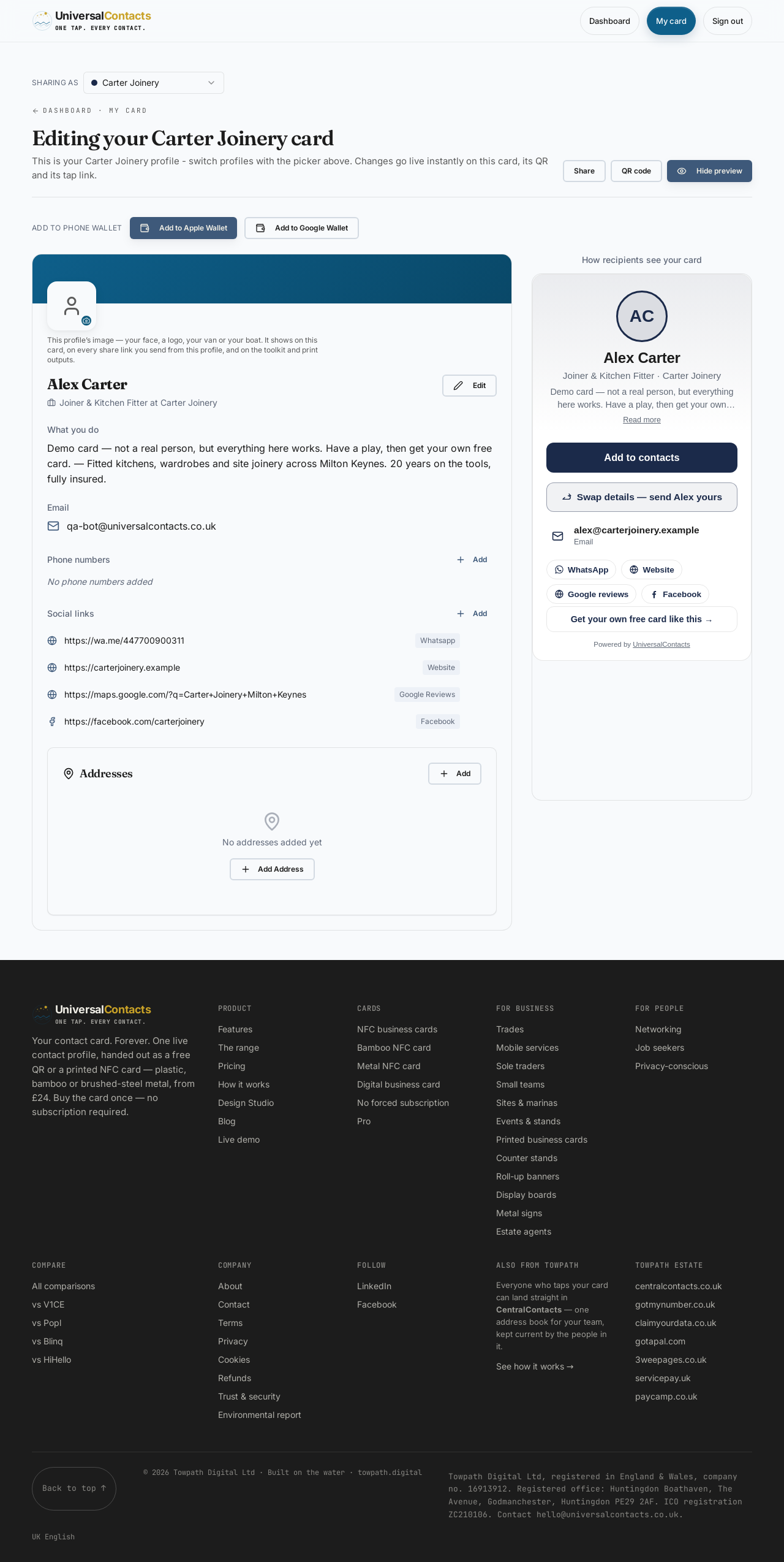 The card editor in the dashboard: contact channels, colours and a live QR for one profile.