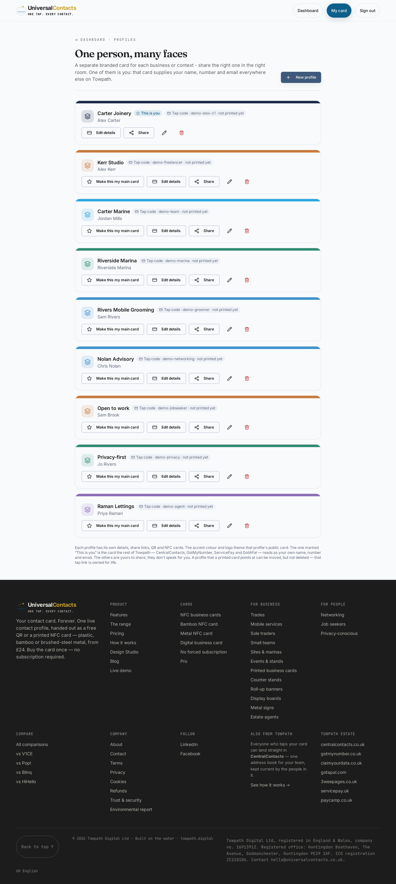 The Profiles screen in the dashboard: a separate branded card for each business or context, each with its own tap code.