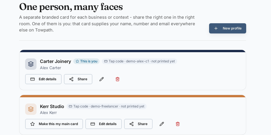 The Profiles screen in the dashboard: two separately branded cards belonging to the same person, each with its own tap code and its own link.